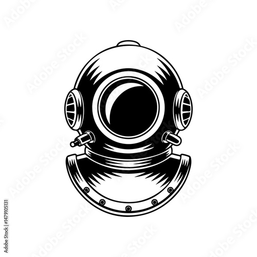 Retro style diver helmet isolated on white background. Design element for logo, label, sign, poster, menu. Vector illustration