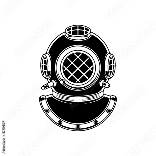 Retro style diver helmet isolated on white background. Design element for logo, label, sign, poster, menu. Vector illustration