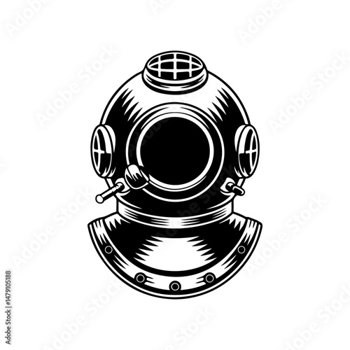 Retro style diver helmet isolated on white background. Design element for logo, label, sign, poster, menu. Vector illustration