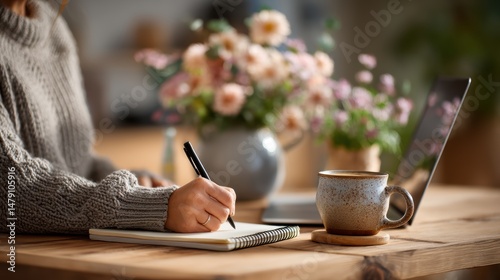 Woman staying productive at home office desk with a laptop and daily planner