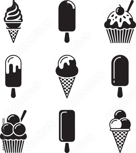 Classic Ice Cream Cone Silhouette Design

Double Scoop Ice Cream Vector Art

Ice Cream Sundae with Cherry Silhouette

Popsicle and Ice Cream Bar Vector Scene

Cute Ice Cream Character Silhouette