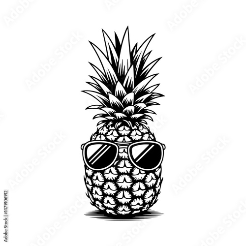 Illustration of pineapple with sunglasses in engraving style. Design element for poster, card, banner, sign. Vector illustration