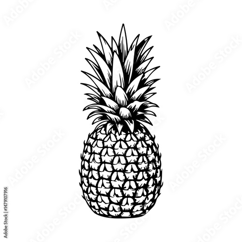 illustration of pineapple in engraving style. Design element for poster, label, sign, emblem, menu. Vector illustration
