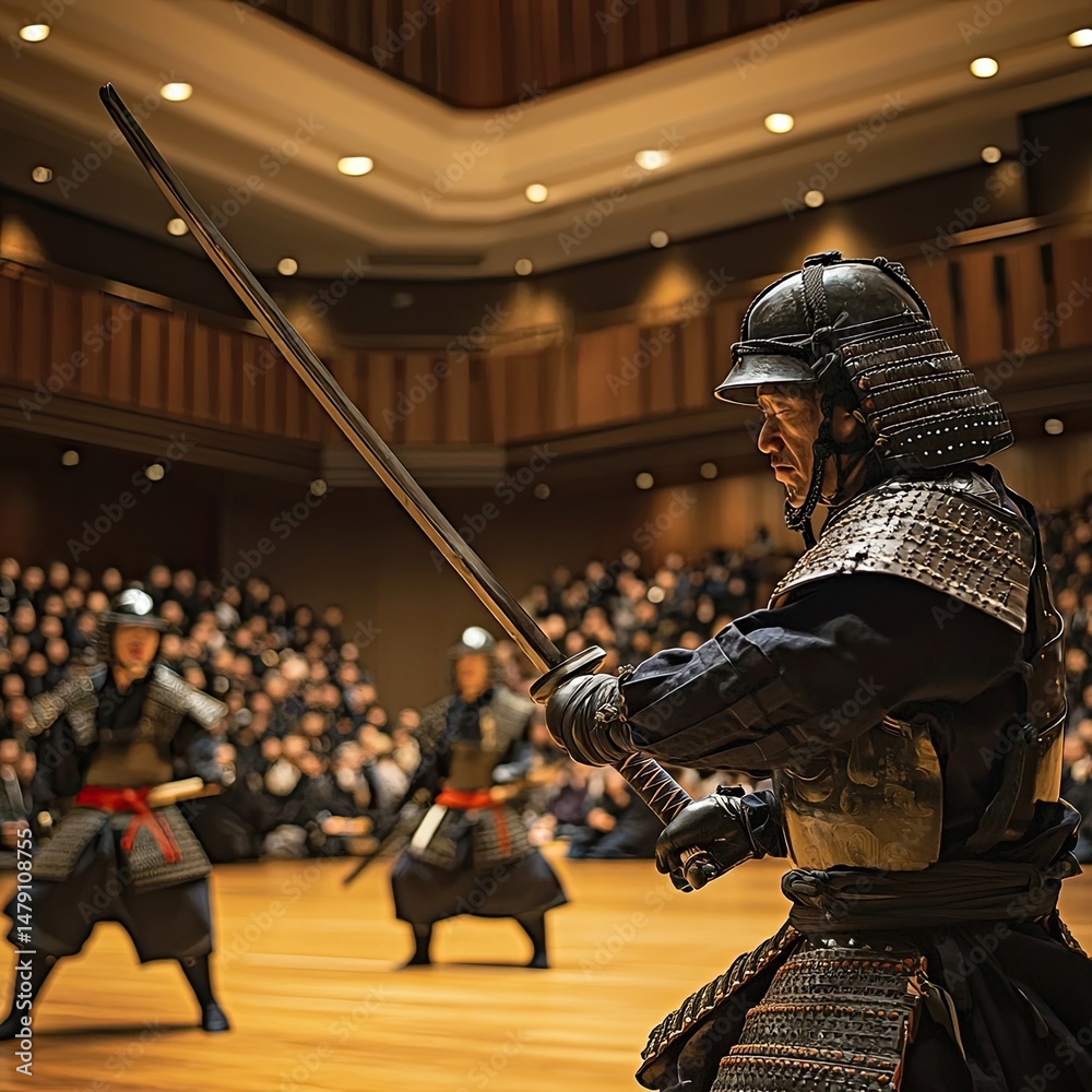 Naklejka premium Two armored samurai engaged in sword combat in indoor arena, wearing traditional protective gear including helmets and face masks, audience blurred in background. Generative by AI.