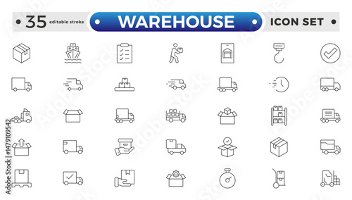 Warehouse service outline icon set. Containing order tracking, delivery home, delivery , truck, scooter, courier and cargo icons. Shipping symbol. Editable stroke outline icon.
