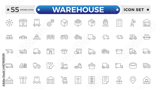 Warehouse service outline icon set. Containing order tracking, delivery home, delivery , truck, scooter, courier and cargo icons. Shipping symbol. Editable stroke outline icon.
