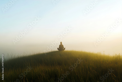 Silhouette practicing yoga on grassy hill at dawn