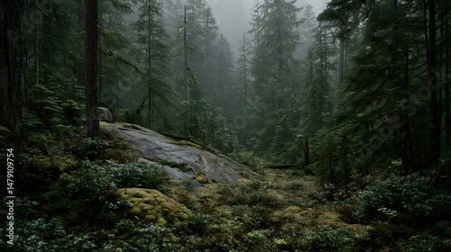 with giant moss-covered trees and thick undergrowth