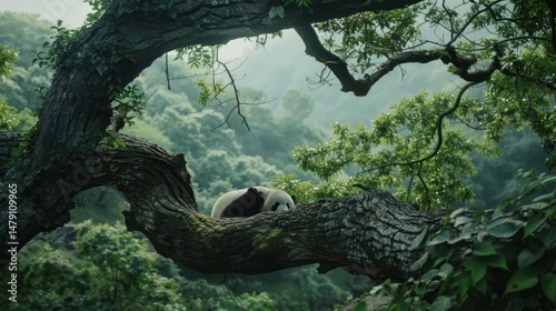 A black and white panda bear sleeps on a tree branch with a lush green forest behind it
