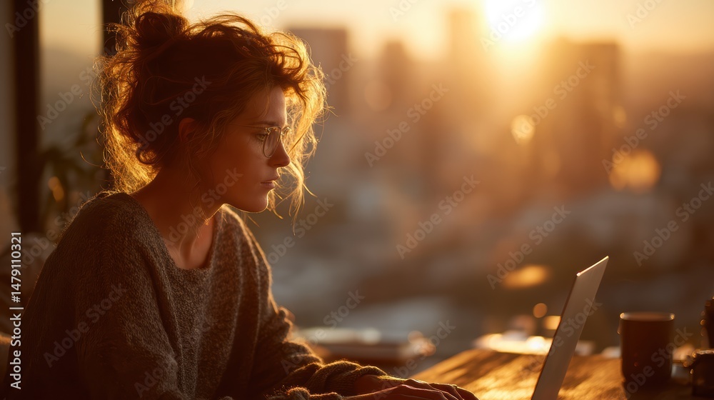 Obraz premium Sunlit home office where woman finishes report on sleek laptop