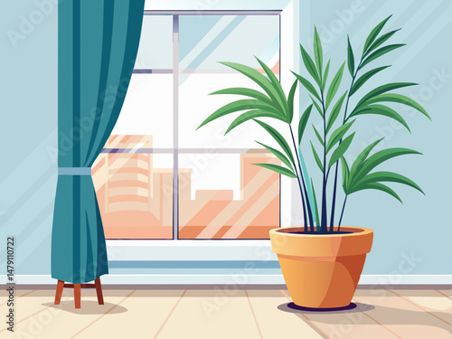 A floor-standing pot with a parlor palm beside a curtain and window. White background, clean and relaxing space