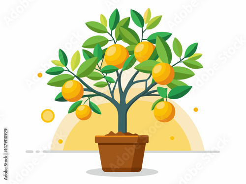 A flat vector of a small lemon tree growing in a pot with fruits. White background, vibrant and fresh indoor style