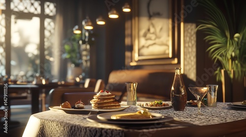 Breakfast with pancakes served with caviar sour