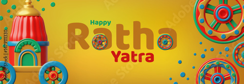 3d golden Ratha Yatra celebration banner with colorful traditional wheel and chariot.