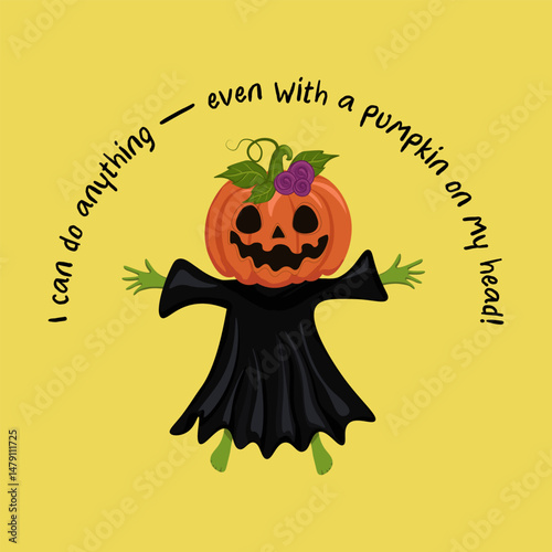 Ghost with a pumpkin on his head. Halloween card. I can do anything