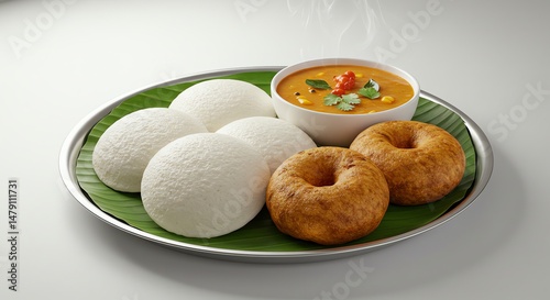 Idli, Vada, and Sambar: A Vibrant South Indian Breakfast Plate