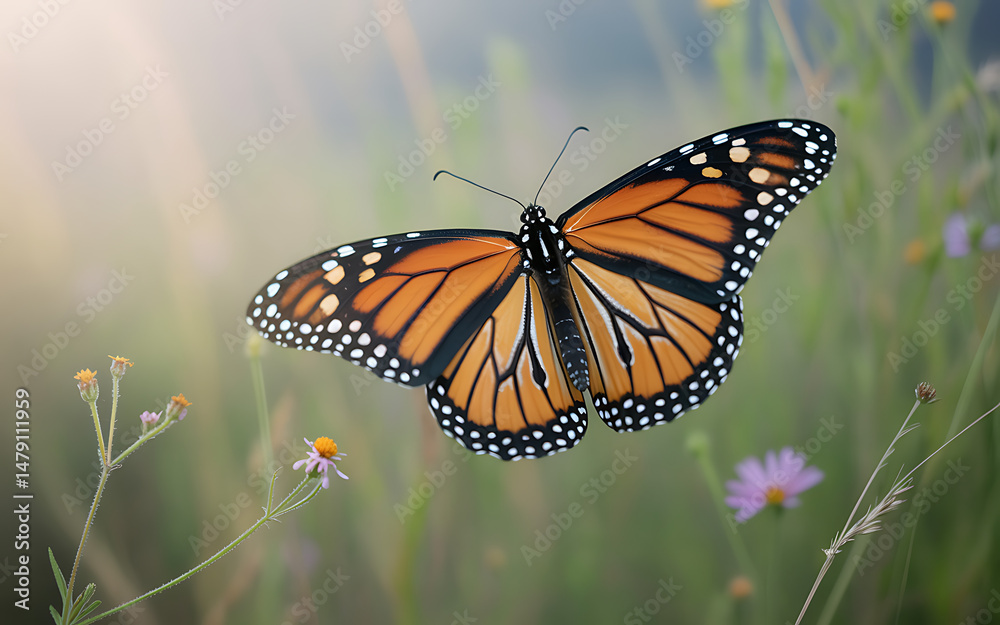 Fototapeta premium Close-up of a vibrant butterfly with blue and orange wings in mid-flight