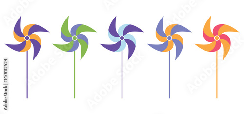 Set of colorful pinwheels - vector illustration in flat style. Bright multicolored rotating propeller on a stick. Toy for children, holiday attribute.	
