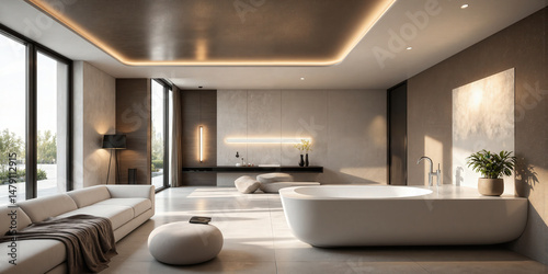 Futuristic bathroom with Mocha Musse accents featuring a floating smart bathtub with integrated mood lighting and a self-cleaning water filtration