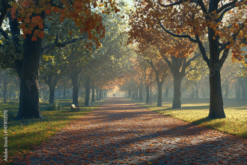Vibrant autumn park pathway with golden leaves