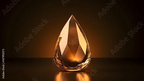 A striking, faceted teardrop - shaped crystal with a warm, golden - hued glow, set against a dark background with a reflective surface below.  photo