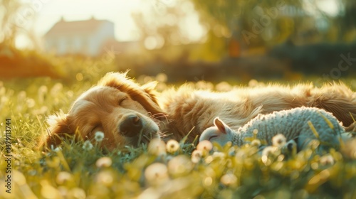 Golden Retriever and Puppy Sleeping in Grass