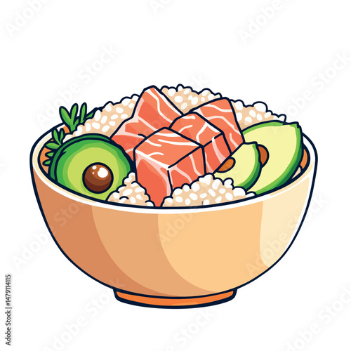 Vsai delicious poke bowl with salmon, avocado and rice filling a bowl