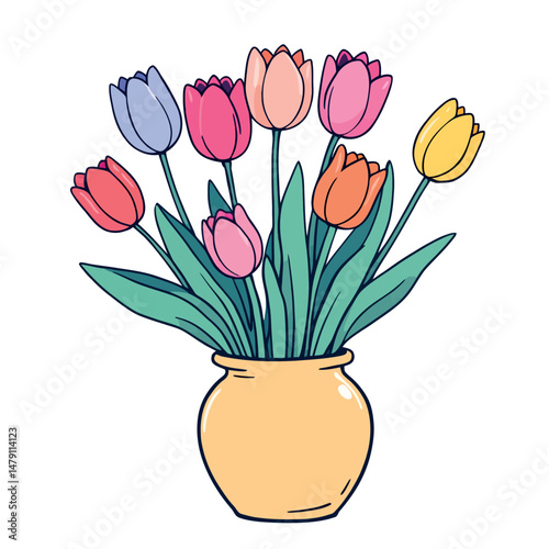 Vsai colorful tulips blooming in a ceramic vase