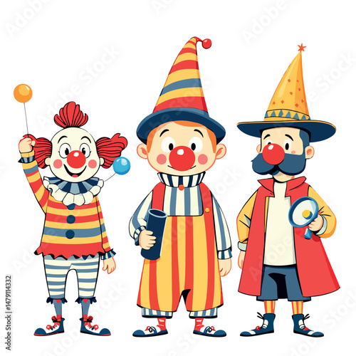 Vsai three circus clowns holding balloon, horn and megaphone