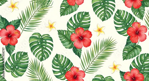 Watercolor Paradise: Lush Hibiscus and Tropical Leaves