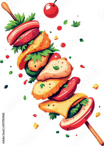 Vsai delicious skewer with grilled chicken, sausage, tomato and herbs rotating on white background