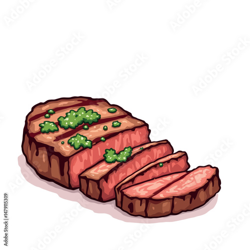 Vsai grilled steak with chimichurri sauce being sliced on white background