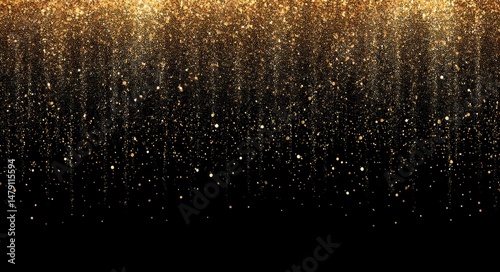 Golden glittering particles cascading downwards on a black backdrop.