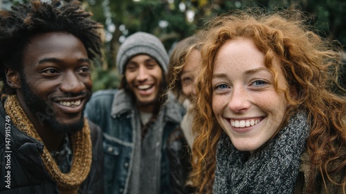 A group of friends from various ethnicities enjoying a day outdoors in a park, bonding over shared experiences.