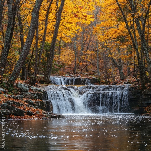 Waterfall cascading over stone ledge into calm pond surrounded by autumn forest with red, orange, and yellow leaves. Generative by AI.