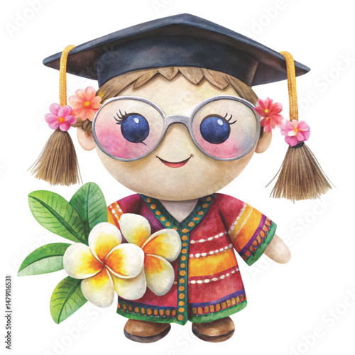Cute Rag doll  wearing sunglasses holding National flower White Background