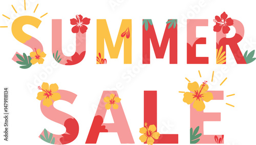 colorful summer sale text with tropical flowers and sun decorations in flat design