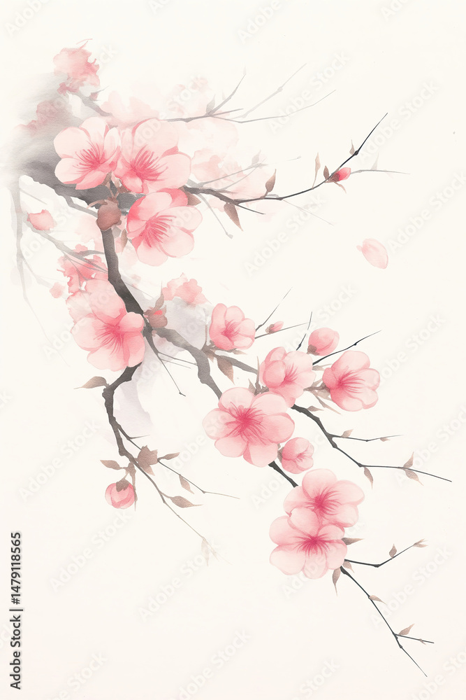 Fototapeta premium Cherry blossom branch with delicate pink flowers on a minimalist background during spring season