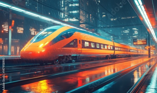 Wallpaper Mural bustling futuristic train station with sleek bullet trains arriving and departing under glowing timetables, Generative AI Torontodigital.ca