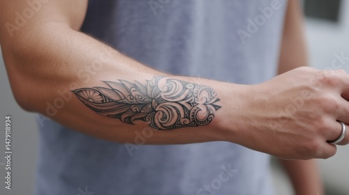 National Tattoo Day Ornate tribal tattoo on male arm with detailed design photo