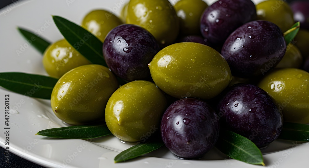 Obraz premium Green and Black Olive with Leaf on Plate