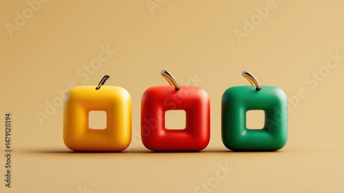 Minimalist arrangement of colorful square blocks with rounded edges and central cutouts, placed in a row on a plain light background with soft shadows