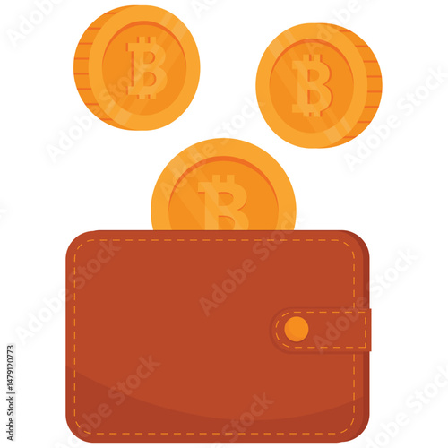 Bitcoin Element. Vector illustration of Bitcoin coins being stored into a brown digital wallet. Isolated on background