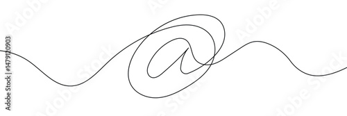 One a at sign social media notification. Black and white monochrome continuous single line art. Email message account profile send illustration sketch outline drawing.