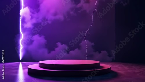 Empty round podium with neon lights and lightning bolts against a cloudy backdrop