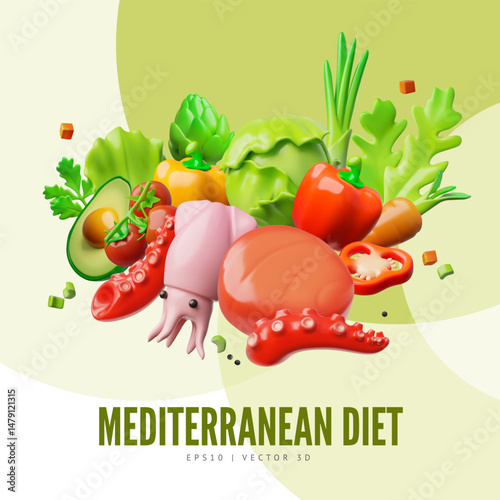 Mediterranean diet 3D plastic style vector design, balanced healthy food, seafood, vegetables and greenery ingredients