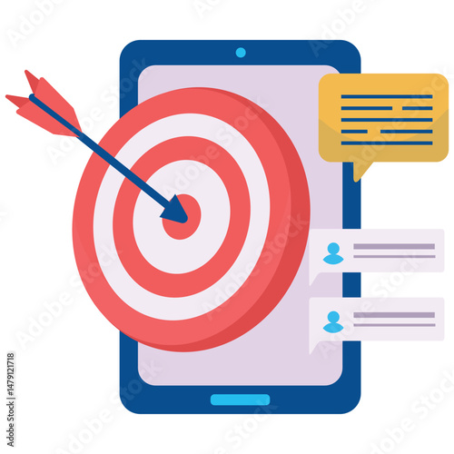 Social Media Marketing. Vector illustration of A mobile phone with a bullseye and arrow representing a targeted digital advertising campaign. Isolated on background