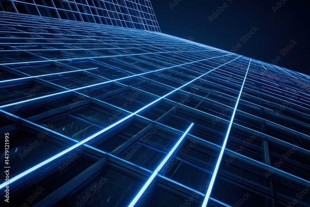 Obraz premium Modern skyscraper facade illuminated at night.