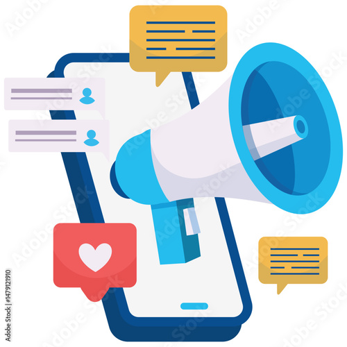 Social Media Marketing. Vector illustration of A loudspeaker with social interaction bubbles and a smartphone signifies an active online promotion. Isolated on background