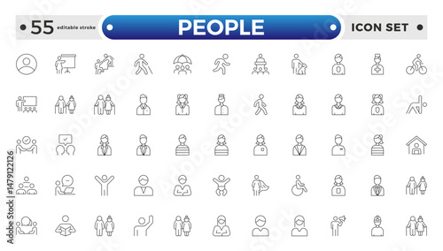 People outline icon set. Containing group, family, human, team, community, friends, population and senior icons. Editable stroke outline icon.
